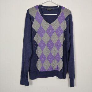Banana Republic Men's V-neck Sweater Argyle Size L Navy Purple Silk Cashmere